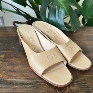 Salvatore Ferragamo Beige Leather Embossed Gancini Logo Heel Sandals 7.5 2A